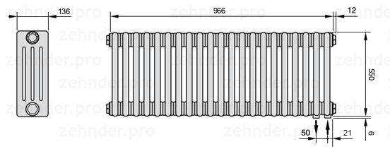 Схема (чертеж) Радиатор Zehnder Charleston 4055/21 №5510 Белый глянцевый RAL 9016